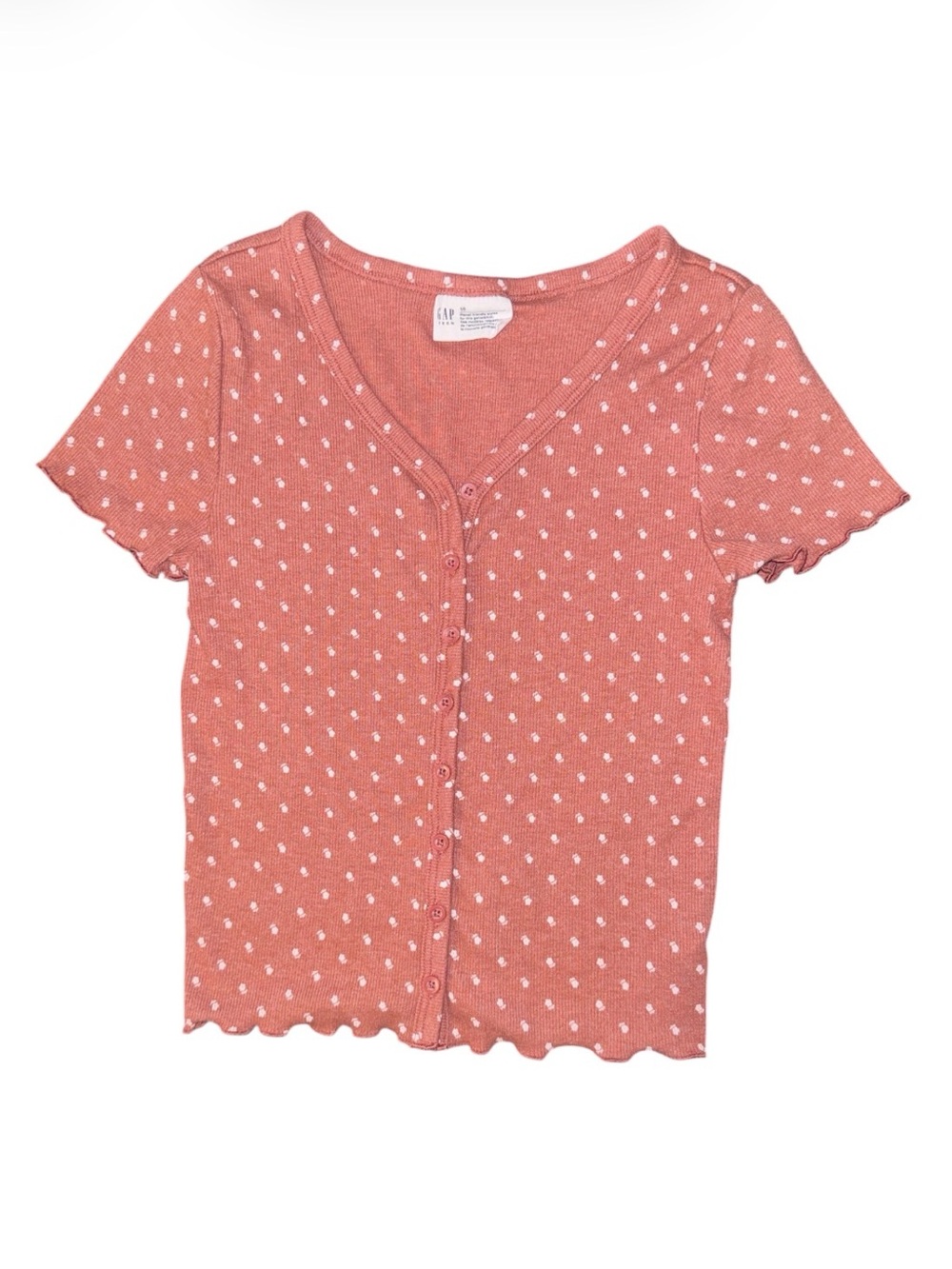 GAP Coral Pink Dot Button-Up Ribbed Tee Size 10